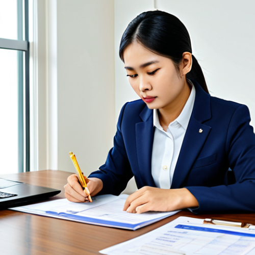 A professional Thai businesswoman in a modest business suit, meticulously reviewing documents labeled with Thai regulatory symbols such as "อย." and "รง.4". She is seated at a polished, modern desk, surrounded by neatly organized folders and a laptop displaying a compliance checklist. The background depicts a clean, well-lit office interior, conveying an atmosphere of diligence and adherence to regulations. fully clothed, appropriate attire, safe for work, perfect anatomy, natural pose, professional, correct proportions, well-formed hands, proper finger count, natural body proportions, high quality, professional photography.