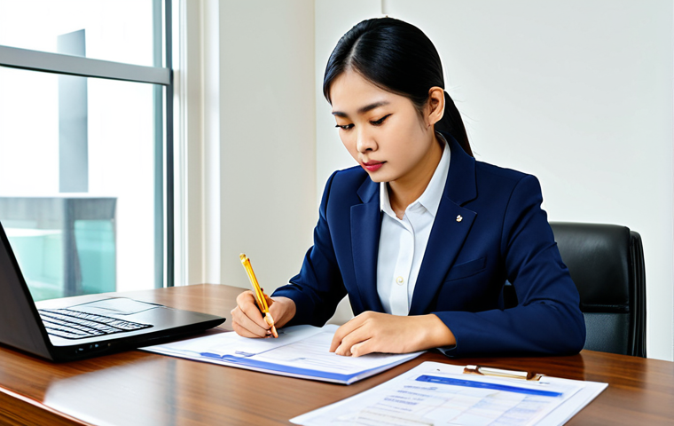 A professional Thai businesswoman in a modest business suit, meticulously reviewing documents labeled with Thai regulatory symbols such as "อย." and "รง.4". She is seated at a polished, modern desk, surrounded by neatly organized folders and a laptop displaying a compliance checklist. The background depicts a clean, well-lit office interior, conveying an atmosphere of diligence and adherence to regulations. fully clothed, appropriate attire, safe for work, perfect anatomy, natural pose, professional, correct proportions, well-formed hands, proper finger count, natural body proportions, high quality, professional photography.
