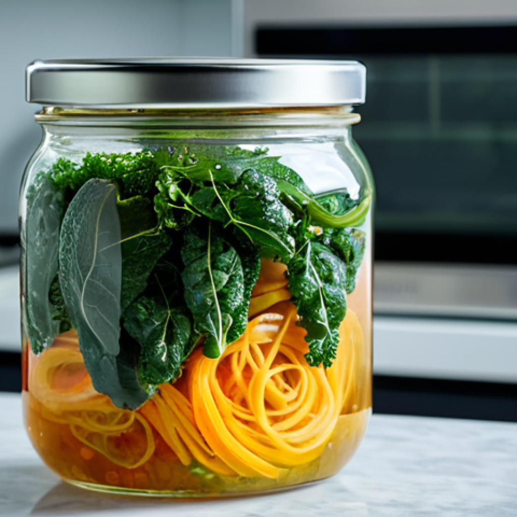 A professional close-up shot of a glass fermentation jar, filled with various vibrant, local Thai vegetables (like green papaya, long beans, or kale) gently submerged in brine. Abstract, glowing microbial patterns are subtly visible within the liquid, symbolizing the "heart of fermentation." The background is a clean, modern kitchen or laboratory setting with a digital thermometer and pH meter visible. The lighting is bright and clean, emphasizing the clarity of the jar and the freshness of the ingredients. Perfect anatomy, correct proportions, natural pose, safe for work, appropriate content, fully clothed, professional photography, high quality.