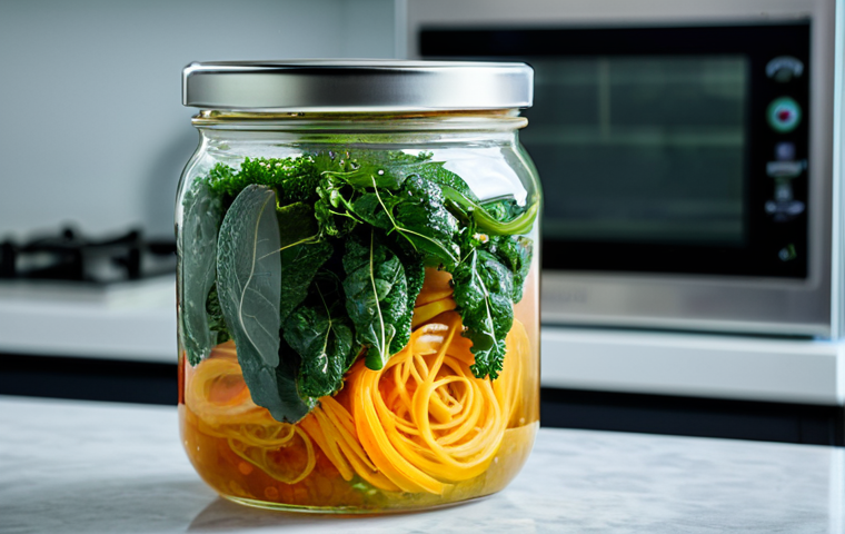 A professional close-up shot of a glass fermentation jar, filled with various vibrant, local Thai vegetables (like green papaya, long beans, or kale) gently submerged in brine. Abstract, glowing microbial patterns are subtly visible within the liquid, symbolizing the "heart of fermentation." The background is a clean, modern kitchen or laboratory setting with a digital thermometer and pH meter visible. The lighting is bright and clean, emphasizing the clarity of the jar and the freshness of the ingredients. Perfect anatomy, correct proportions, natural pose, safe for work, appropriate content, fully clothed, professional photography, high quality.