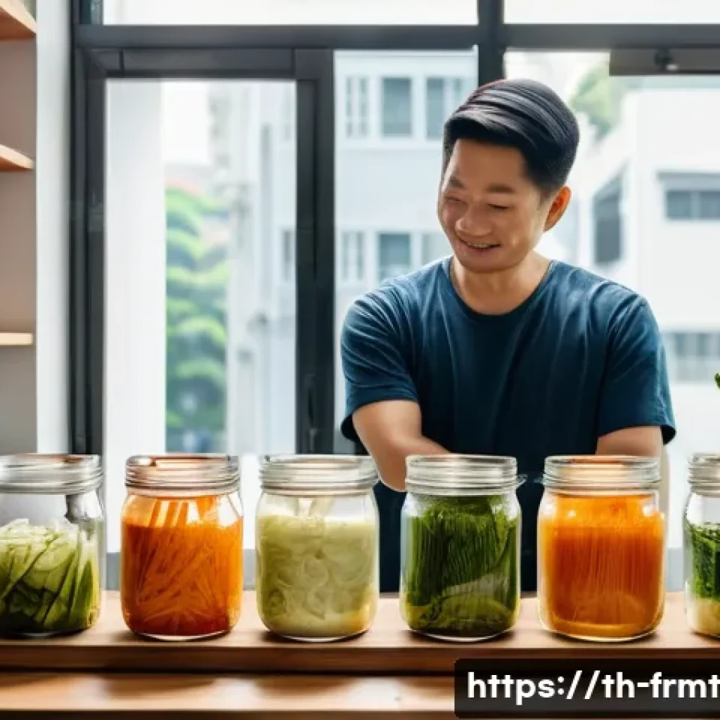 도시 발효실에서의 발효 과정 교육 프로그램 - A cozy urban fermentation workshop scene inside a small modern apartment kitchen, featuring a middle...