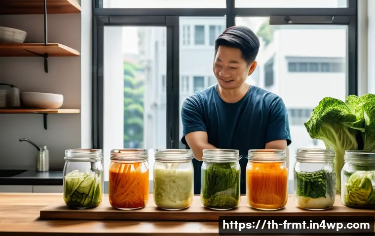 도시 발효실에서의 발효 과정 교육 프로그램 - A cozy urban fermentation workshop scene inside a small modern apartment kitchen, featuring a middle...