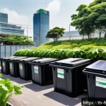 도시 발효실 운영 시 자금 조달 방법 - An urban composting facility in a vibrant city environment, showing eco-friendly technology and sust...
