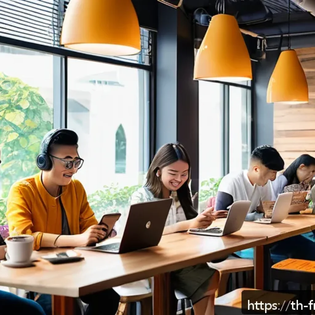 도시 발효실에서 활용할 수 있는 SNS 마케팅 - A bustling urban scene featuring diverse young Thai adults using smartphones and laptops in a modern...