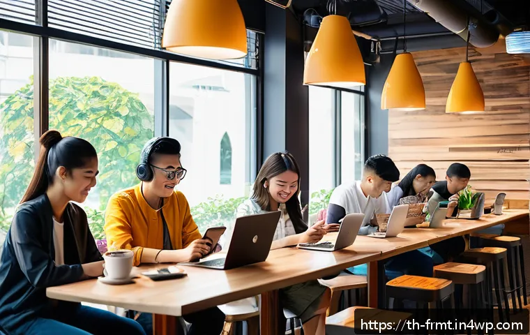 도시 발효실에서 활용할 수 있는 SNS 마케팅 - A bustling urban scene featuring diverse young Thai adults using smartphones and laptops in a modern...